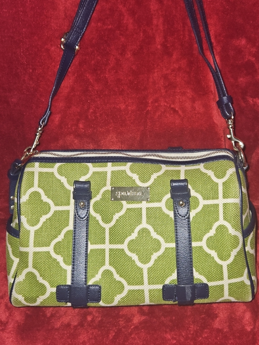 Spartina 449 Green & Cream Patterned Satchel/Crossbody Bag w/Navy Leather Trim